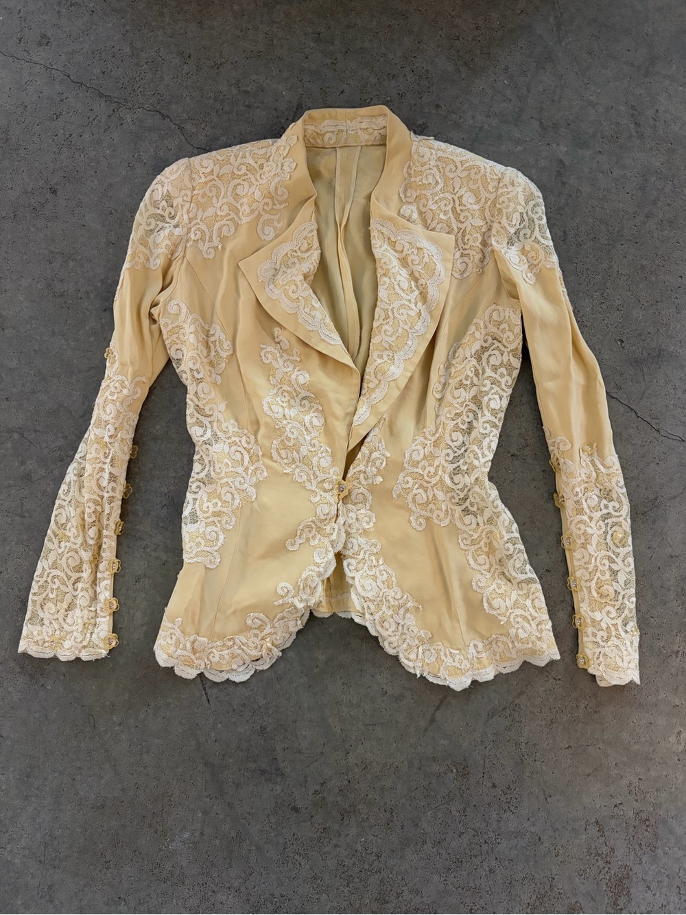 Vintage Lace-Trimmed Women's Light Yellow Blazer